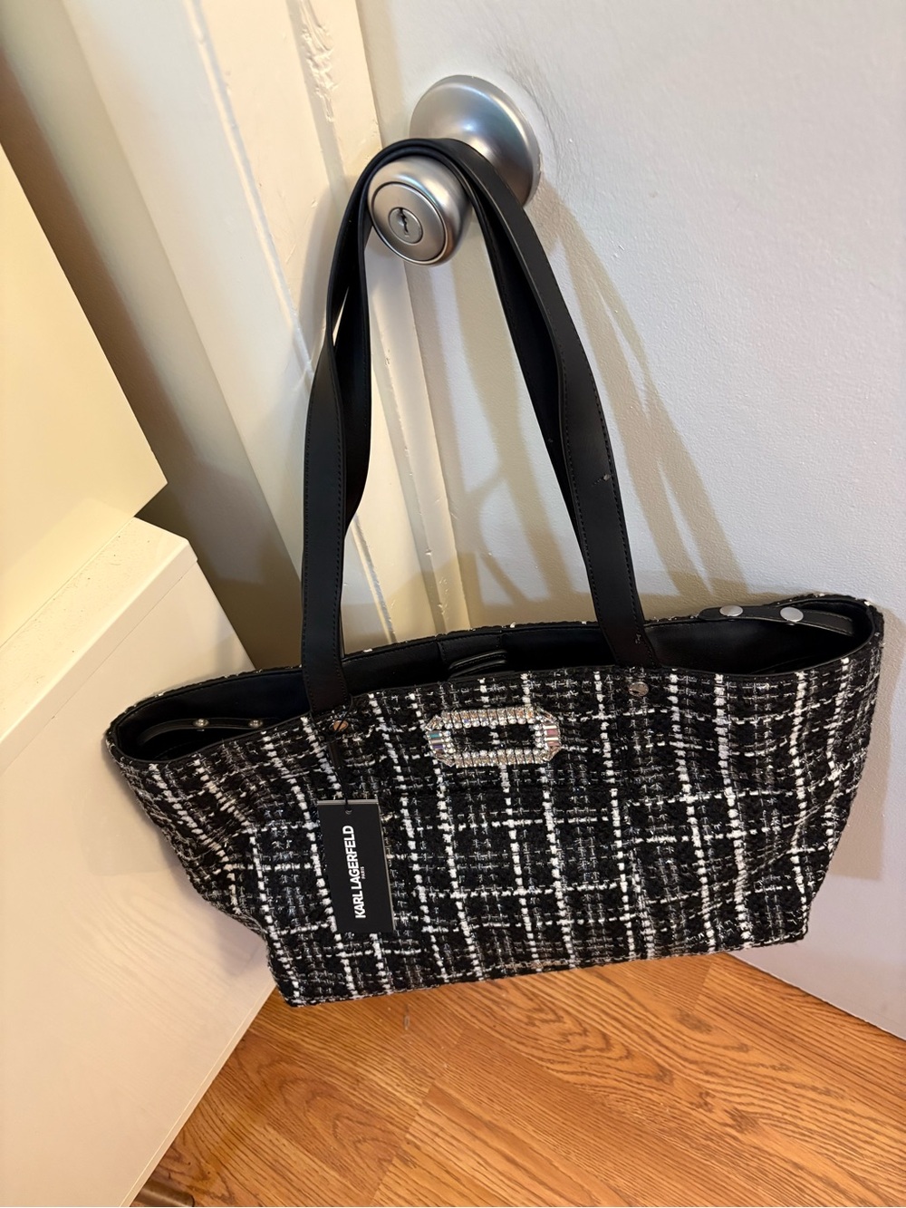 NWT Karl Lagerfeld Black and White Tweed Tote with Crystal Buckle